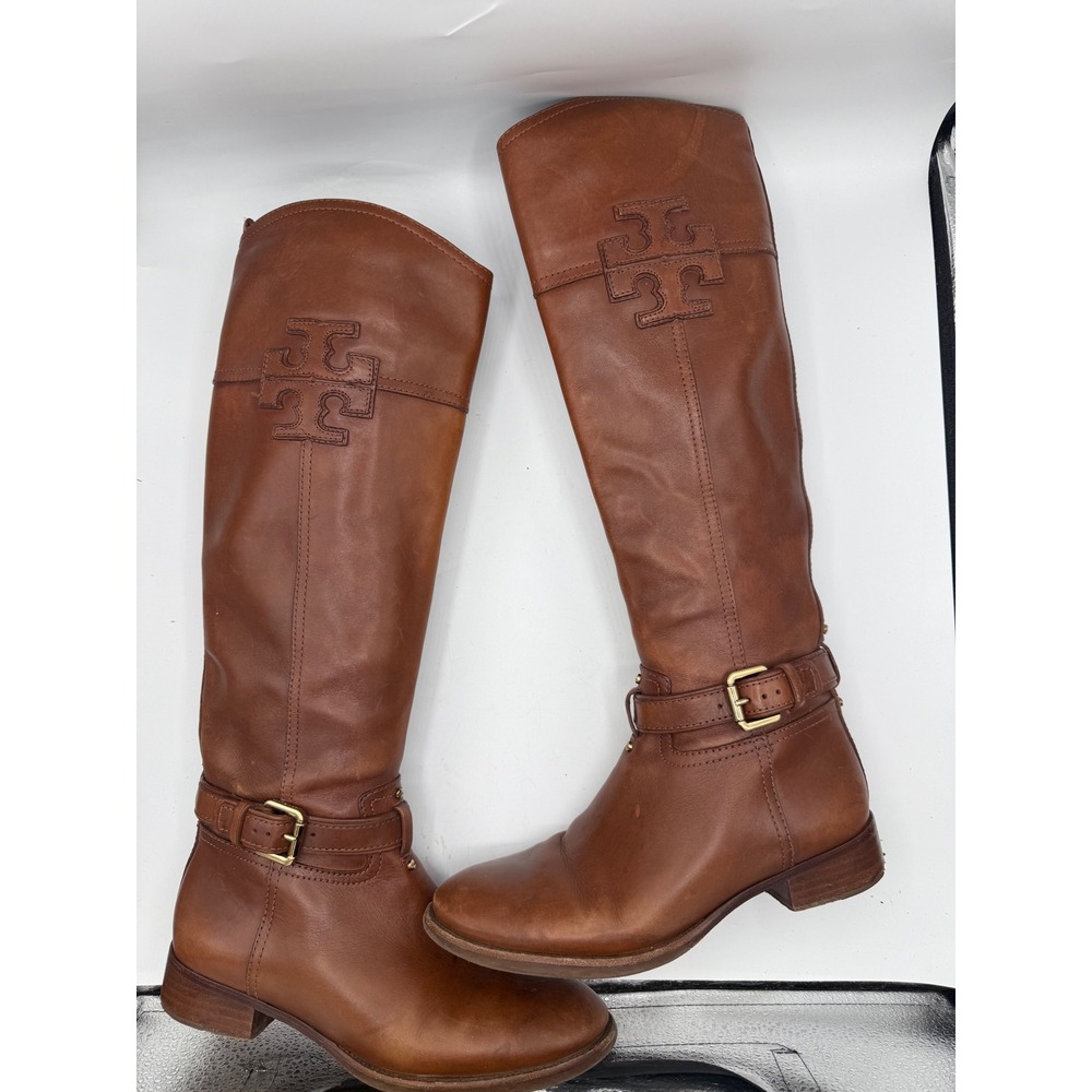 Tory Burch Riding‎ Boots Women's 6.5 Cognac Leather Tall Equestrian Logo Boots